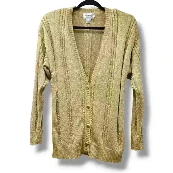 Vintage Pointelle Gold Cardigan Sweater Glitter Sweater Women Size M - Picture 3 of 9